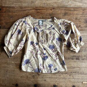 Anthropologie "Girls From Savoy" Blouse Shirt 100% Silk Ivory Floral 3/4 Sleeve